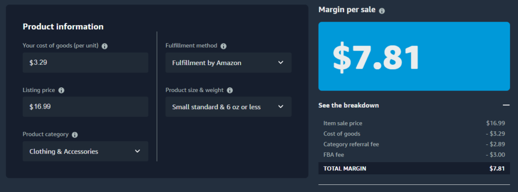 Calculating sale margin for Amazon FBA